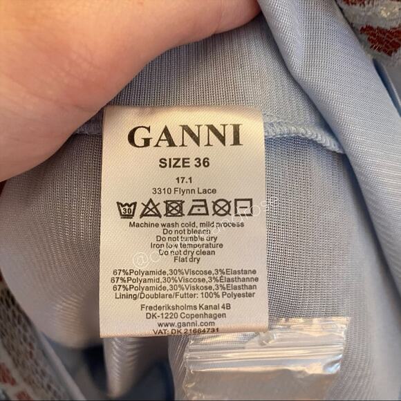 GANNI Blue Red Floral Lace Mockneck Long Sleeve Formal Mini Dress Comfy Event S - Picture 3 of 16